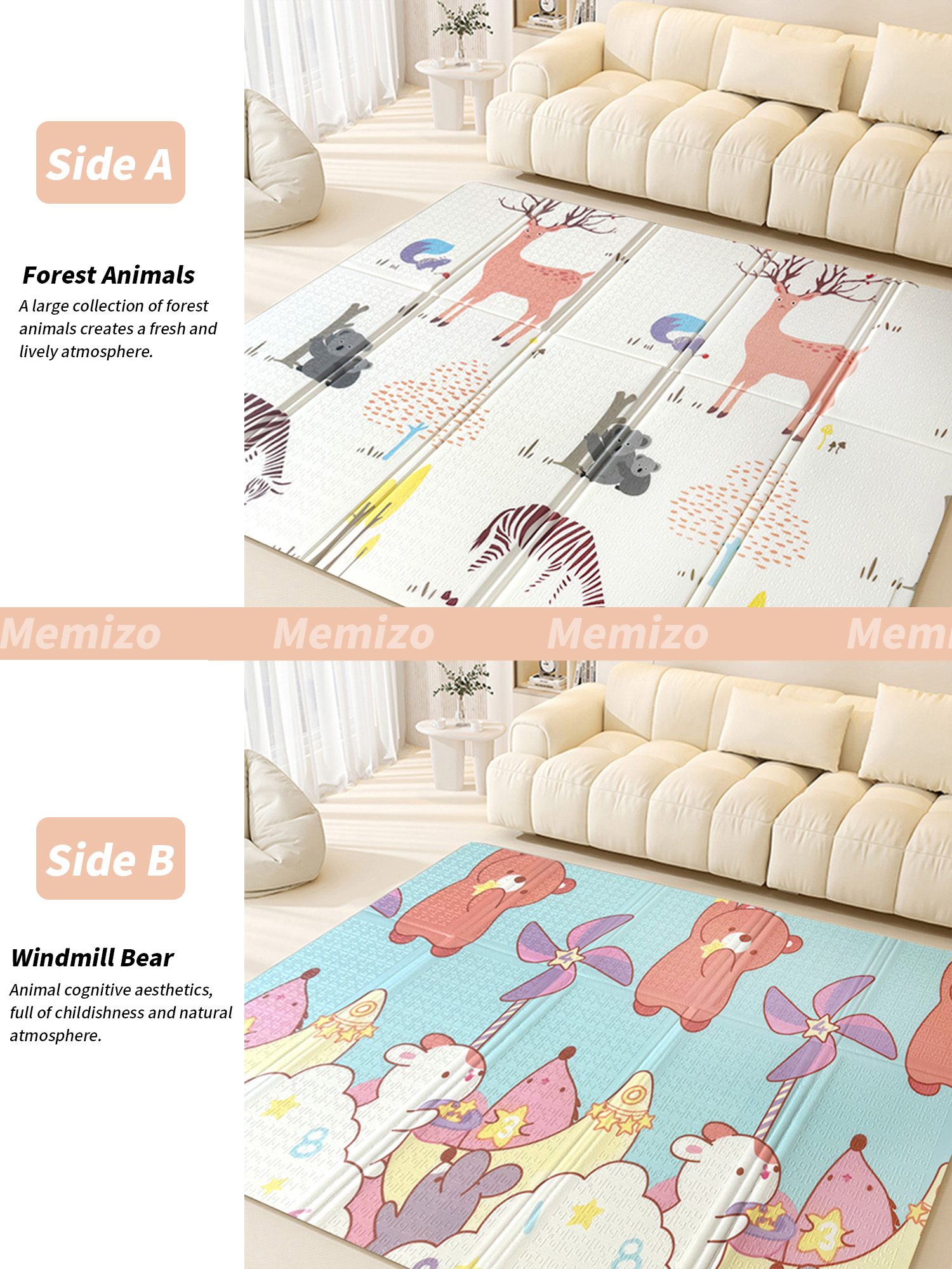 Alfombra de juego para bebés lavable portátil sin deslizamiento extra grande de gateo