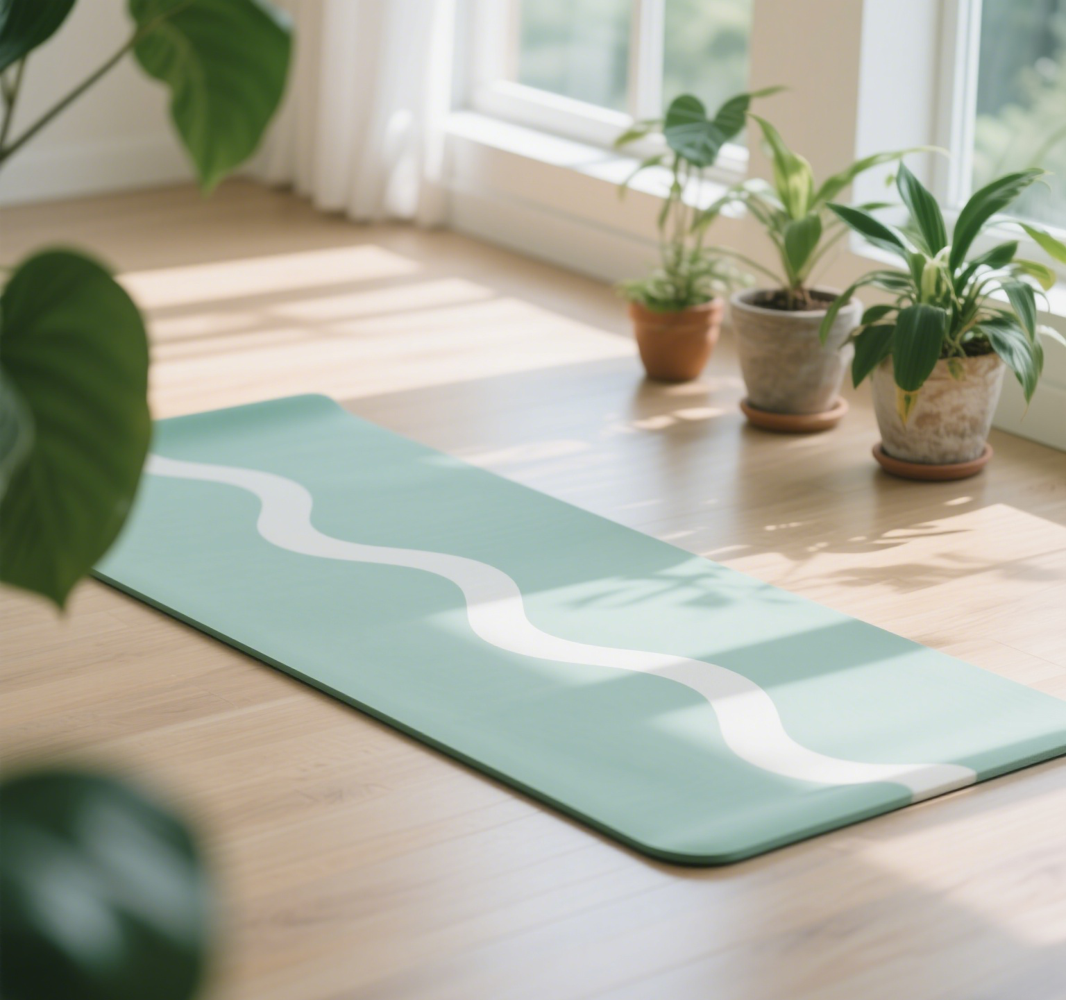 Estera de yoga verde en habitación soleada con plantas